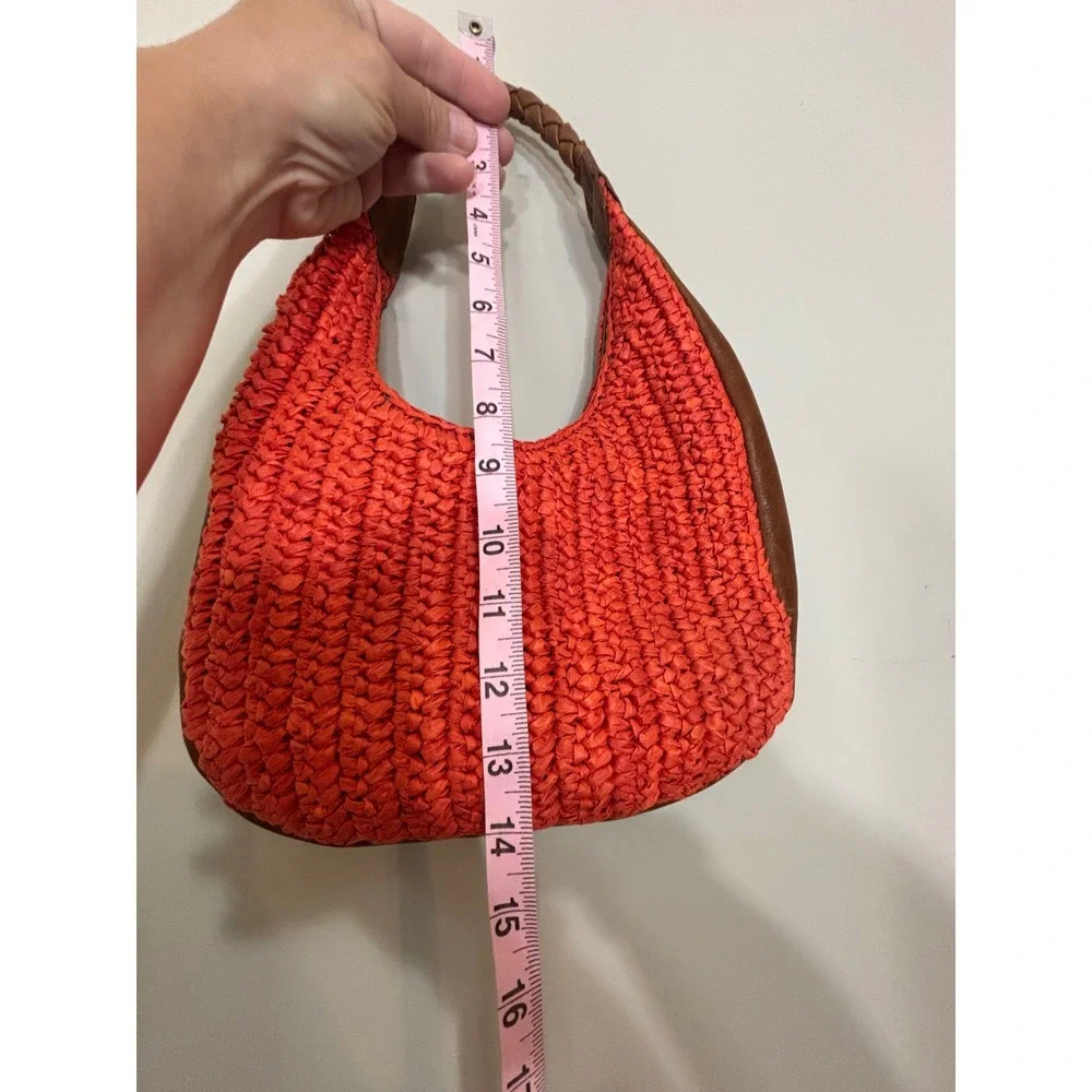 Rodeo Bar Style Raffia Hobo Bag‎ Orange Leather Trim Braided Strap Crescent